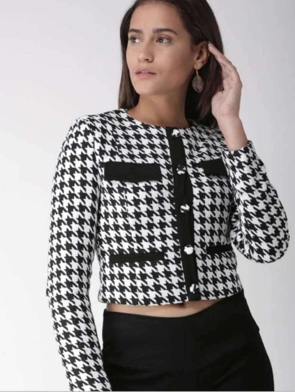 Black & White Houndstooth Cropped Jacket